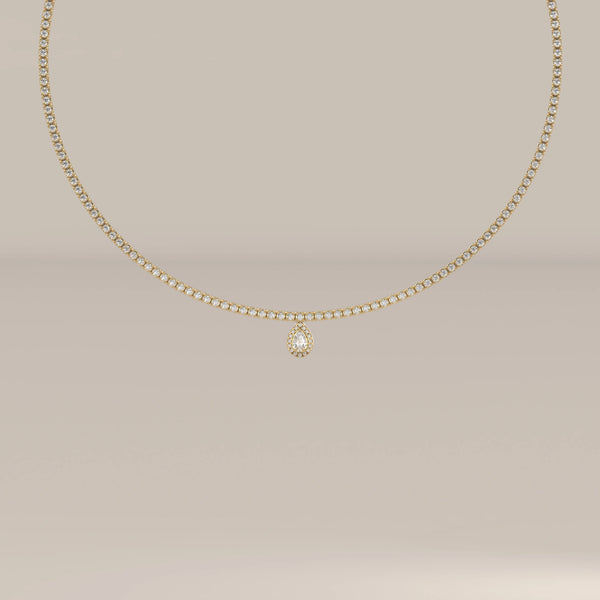 A pear halo lab grown diamond teardrop tennis necklace in yellow gold, shown from the front.