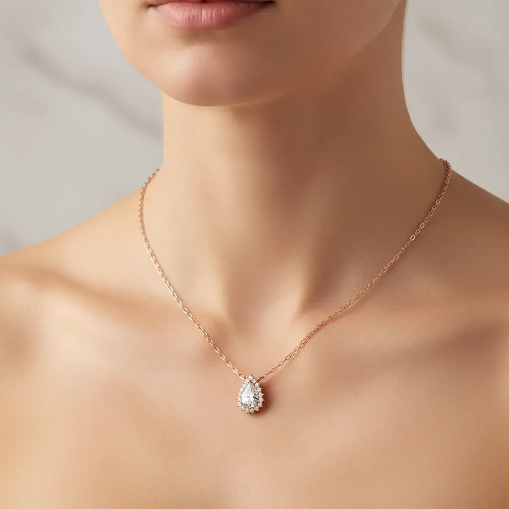 Front-view: Pear Cut Diamond Necklace with Halo Setting in 14k Rose Gold - Lab Grown - Driona Jewels