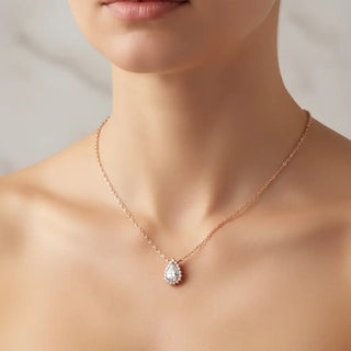 Front-view: Pear Cut Diamond Necklace with Halo Setting in 14k Rose Gold - Lab Grown - Driona Jewels