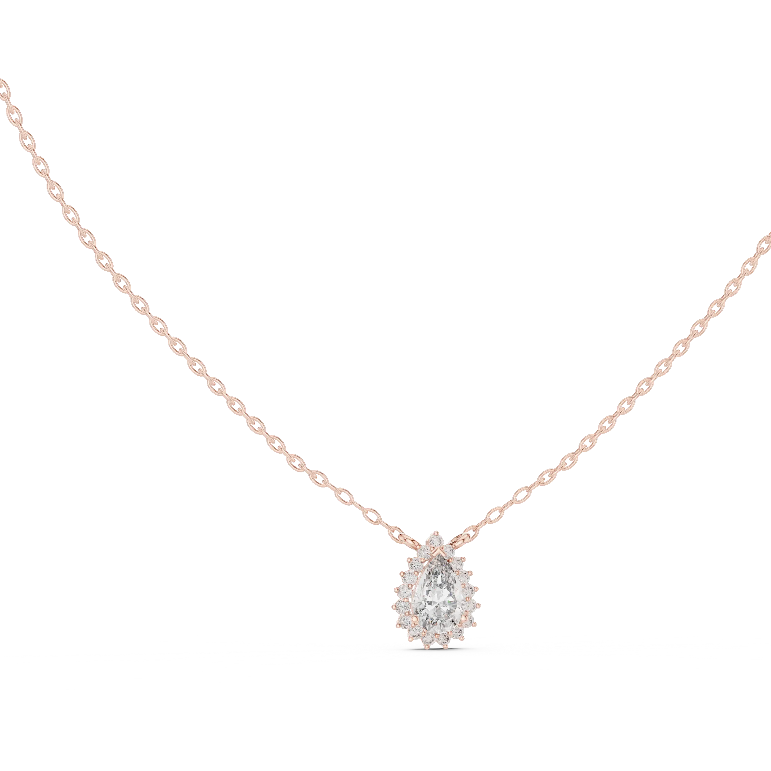 Front View: Pear Cut Diamond Necklace with Halo Setting in 14k Rose Gold - Lab Grown - Driona Jewels