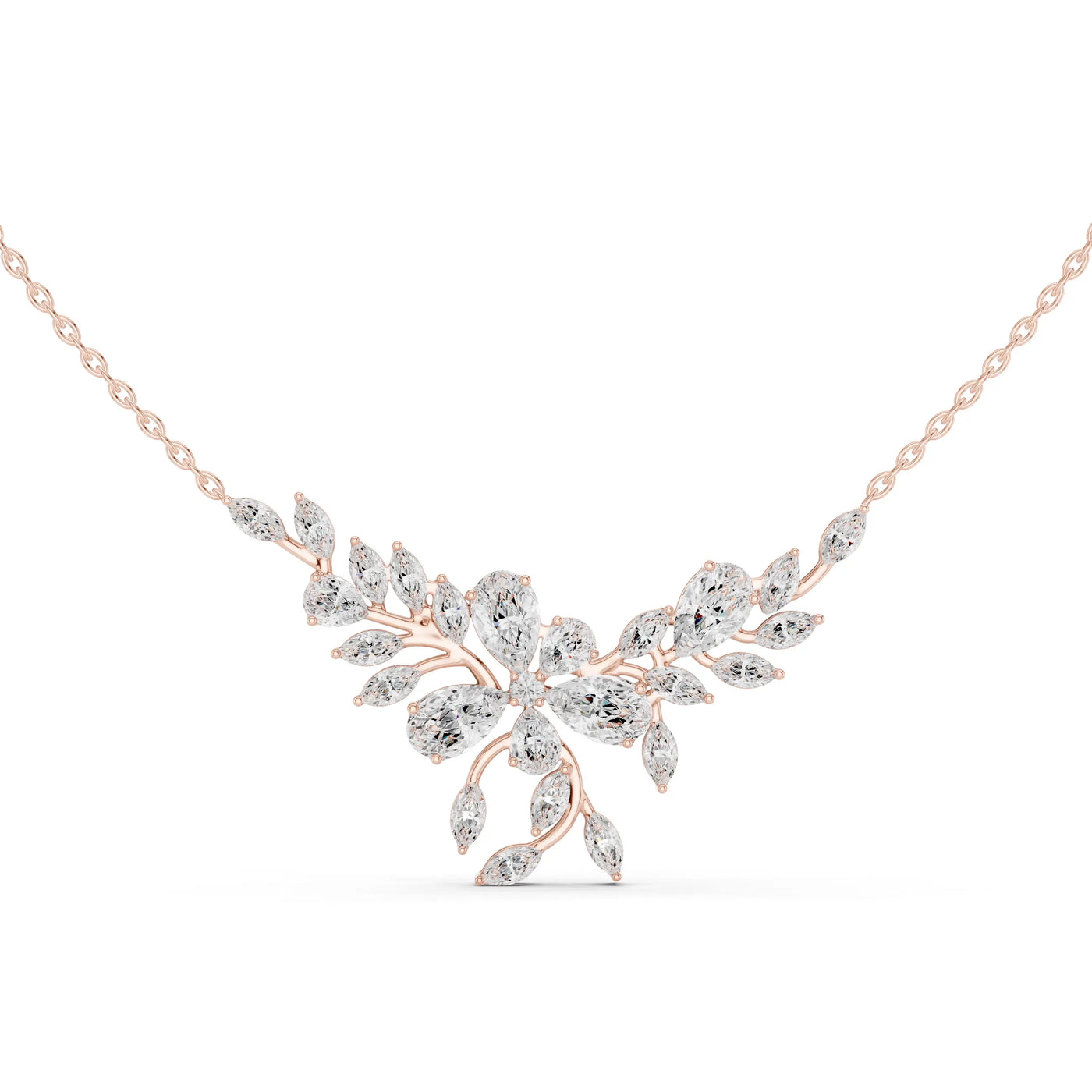 Front View: Pear Cut Diamond Necklace with Pave Setting in 14k Rose Gold - Lab Grown - Driona Jewels