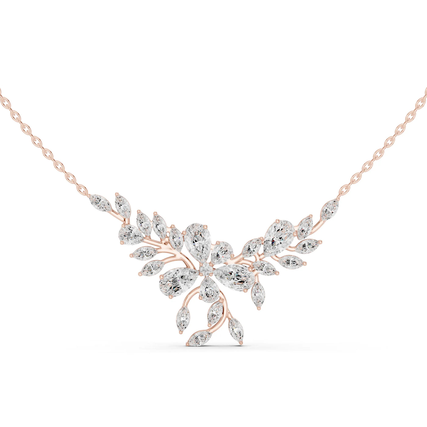 Front-View: Pear Cut Diamond Necklace with Pave Setting in 14k Rose Gold - Lab Grown - Driona Jewels