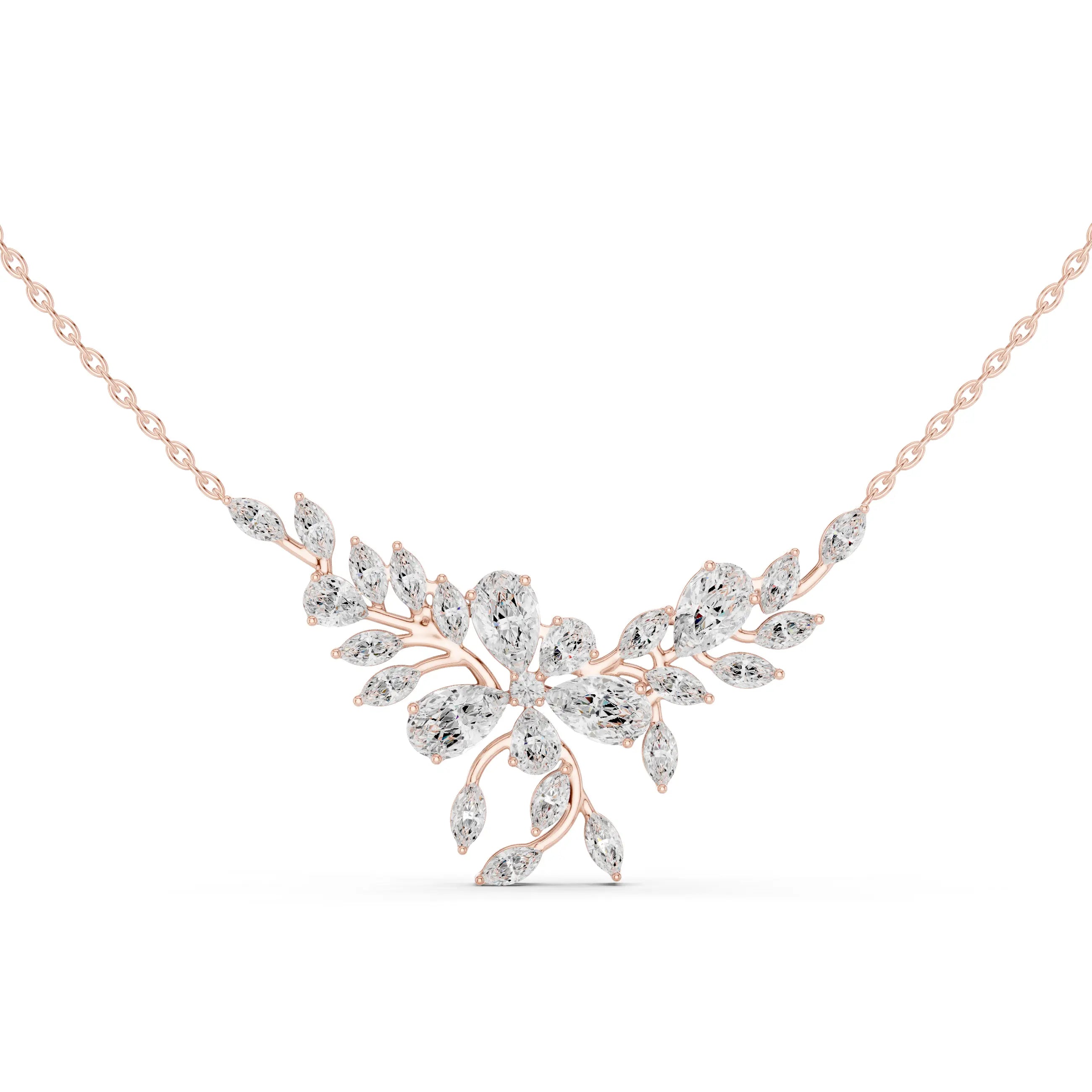 Front-View: Pear Cut Diamond Necklace with Pave Setting in 14k Rose Gold - Lab Grown - Driona Jewels