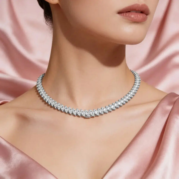 Front-view: Pear Cut Diamond Necklace with Pave Setting in 925 Silver - Lab Grown - Driona Jewels