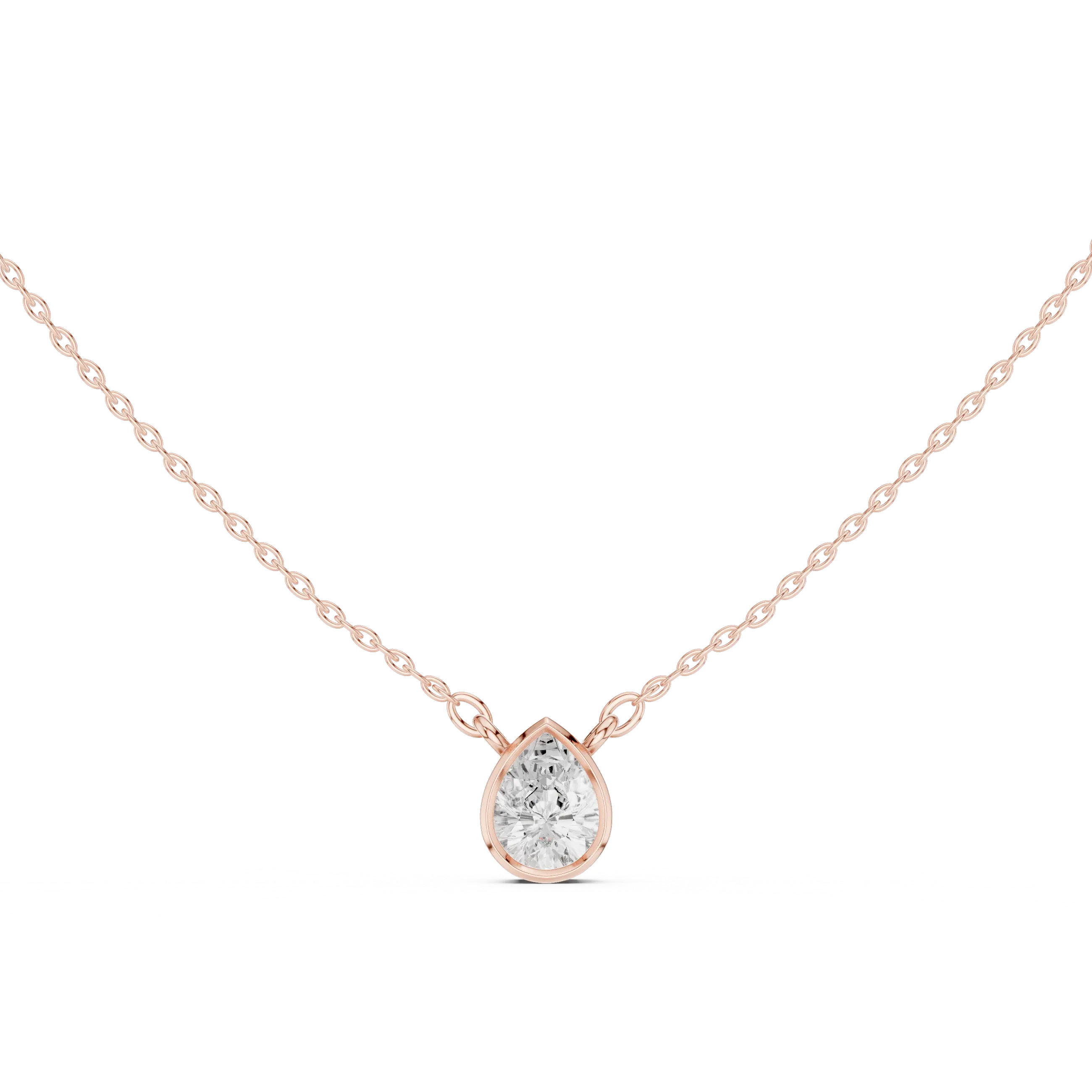 Front-view: Pear Cut Diamond Necklace with Pendant Setting in 14k Rose Gold - Lab Grown - Driona Jewels