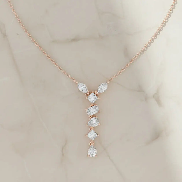 Front-View: Pear Cut Diamond Necklace with Pendant Setting in 14k Rose Gold - Lab Grown - Driona Jewels