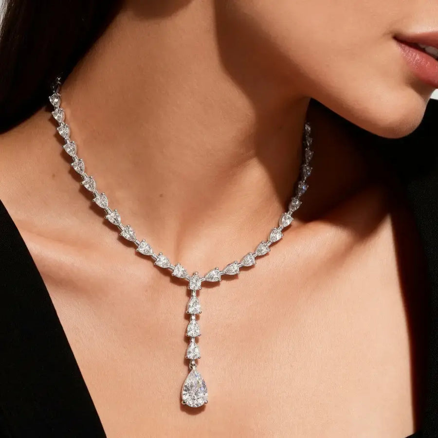 Front-view: Pear Cut Diamond Necklace with Pendant Setting in 14k White Gold - Lab Grown - Driona Jewels