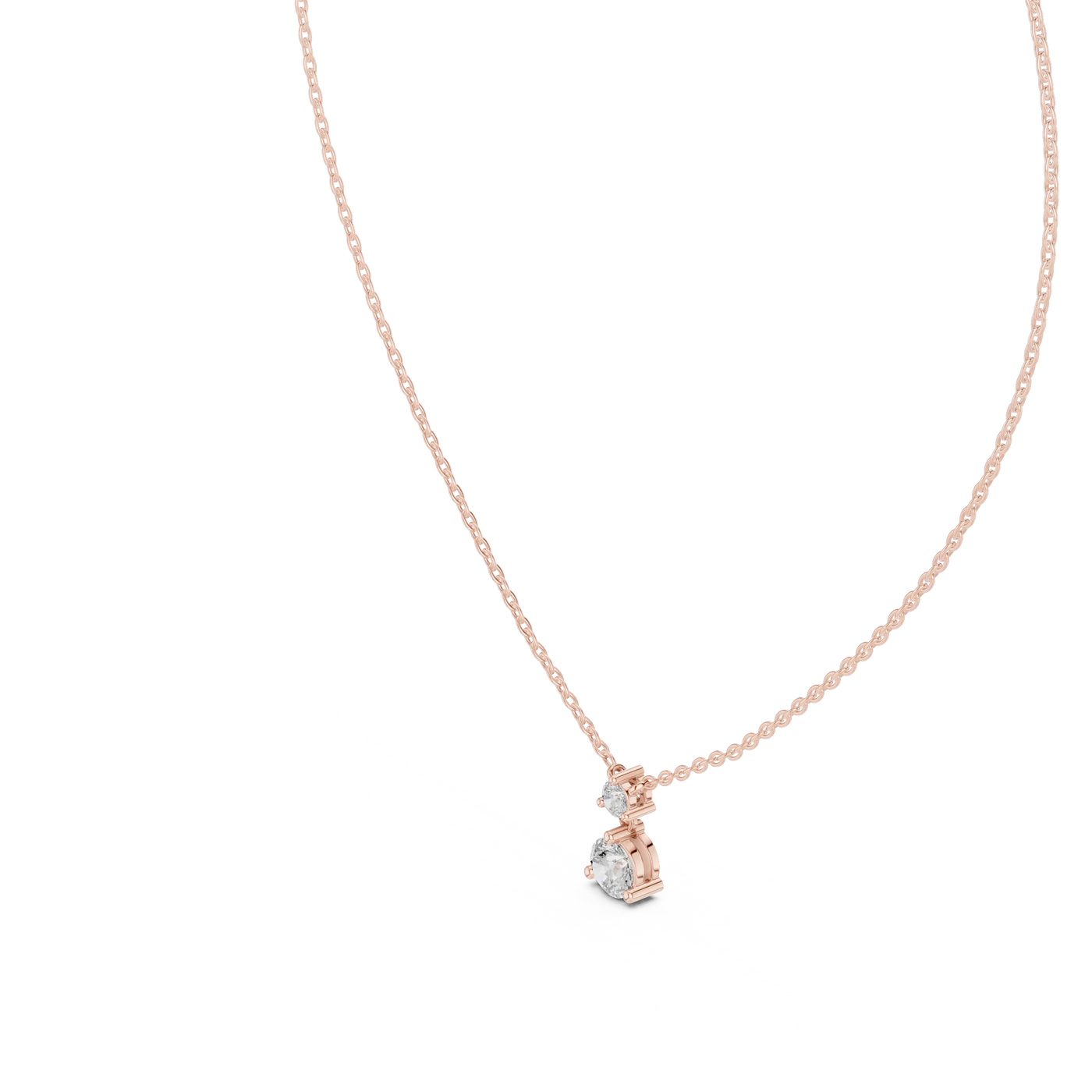 Three-quarter View: Pear Cut Diamond Necklace with Prong Setting in 14k Rose Gold - Lab Grown - Driona Jewels