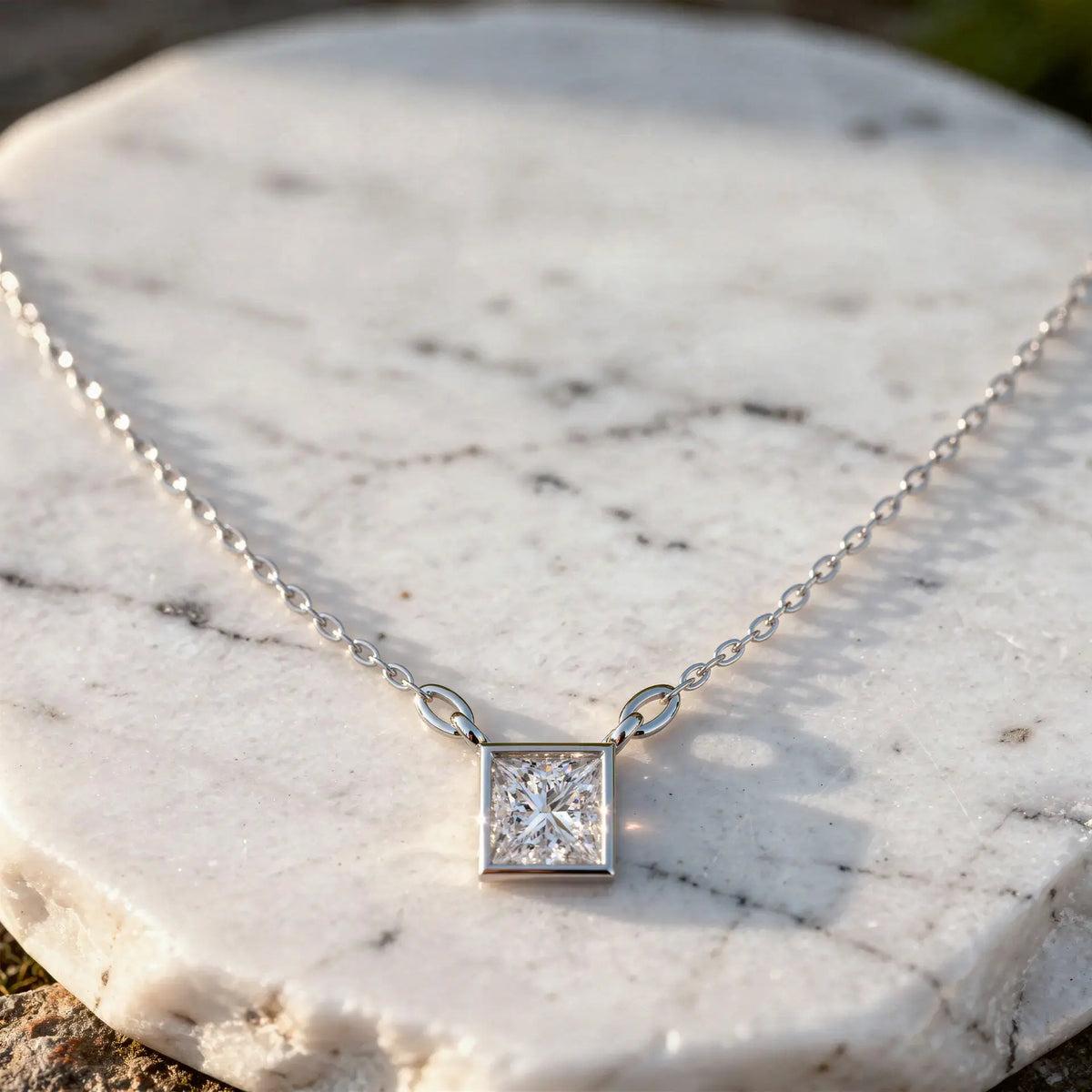 Close-up: Princess Diamond Necklace with Bezel Setting in 14k White Gold - Lab Grown - Driona Jewels
