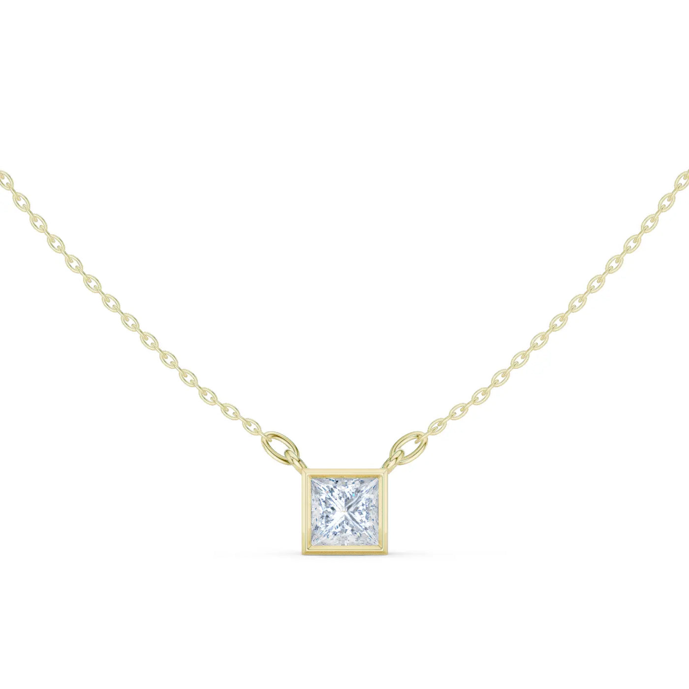 Front View: Princess Diamond Necklace with Bezel Setting in 14k Yellow Gold - Lab Grown - Driona Jewels