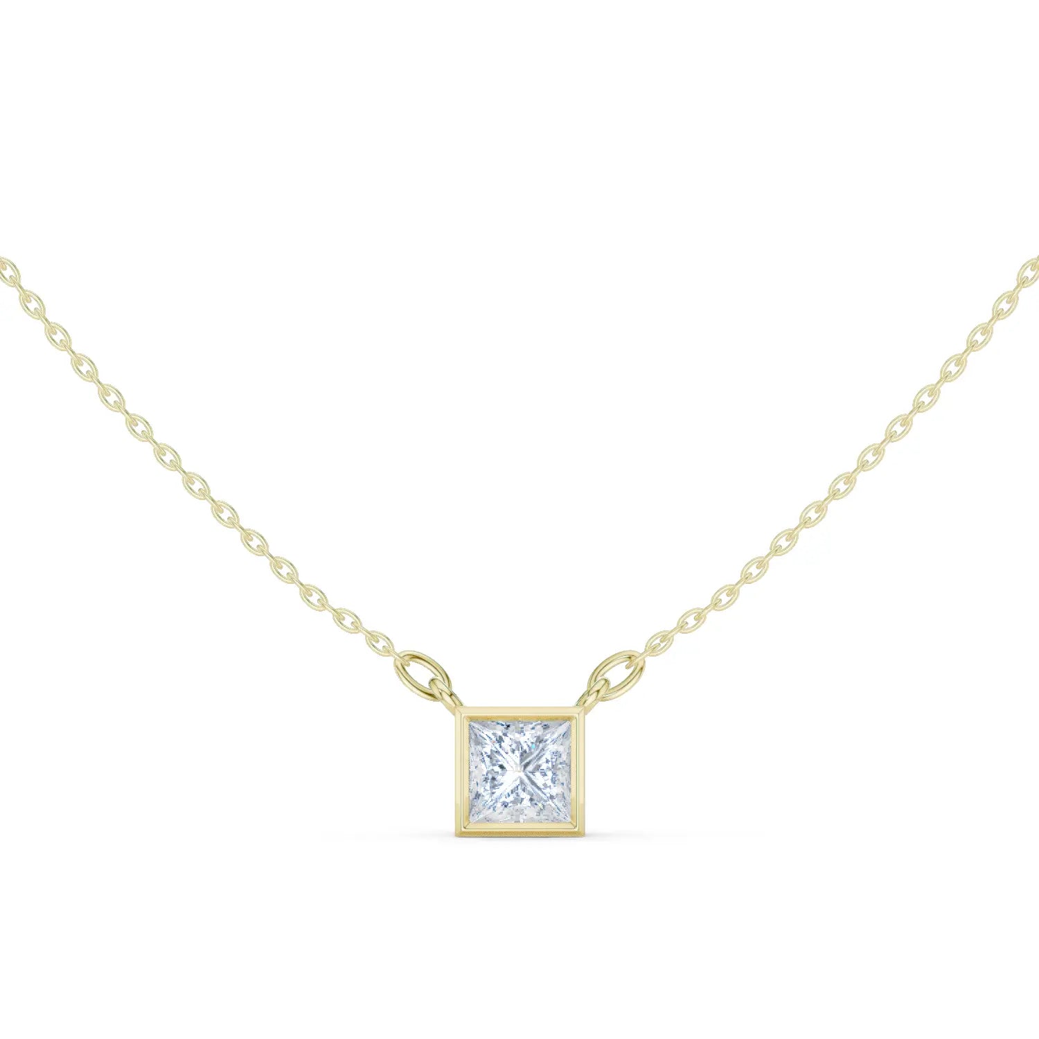 Front View: Princess Diamond Necklace with Bezel Setting in 14k Yellow Gold - Lab Grown - Driona Jewels
