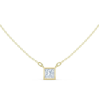 Front View: Princess Diamond Necklace with Bezel Setting in 14k Yellow Gold - Lab Grown - Driona Jewels