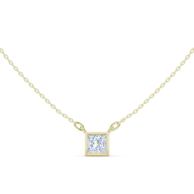 Front View: Princess Diamond Necklace with Bezel Setting in 14k Yellow Gold - Lab Grown - Driona Jewels