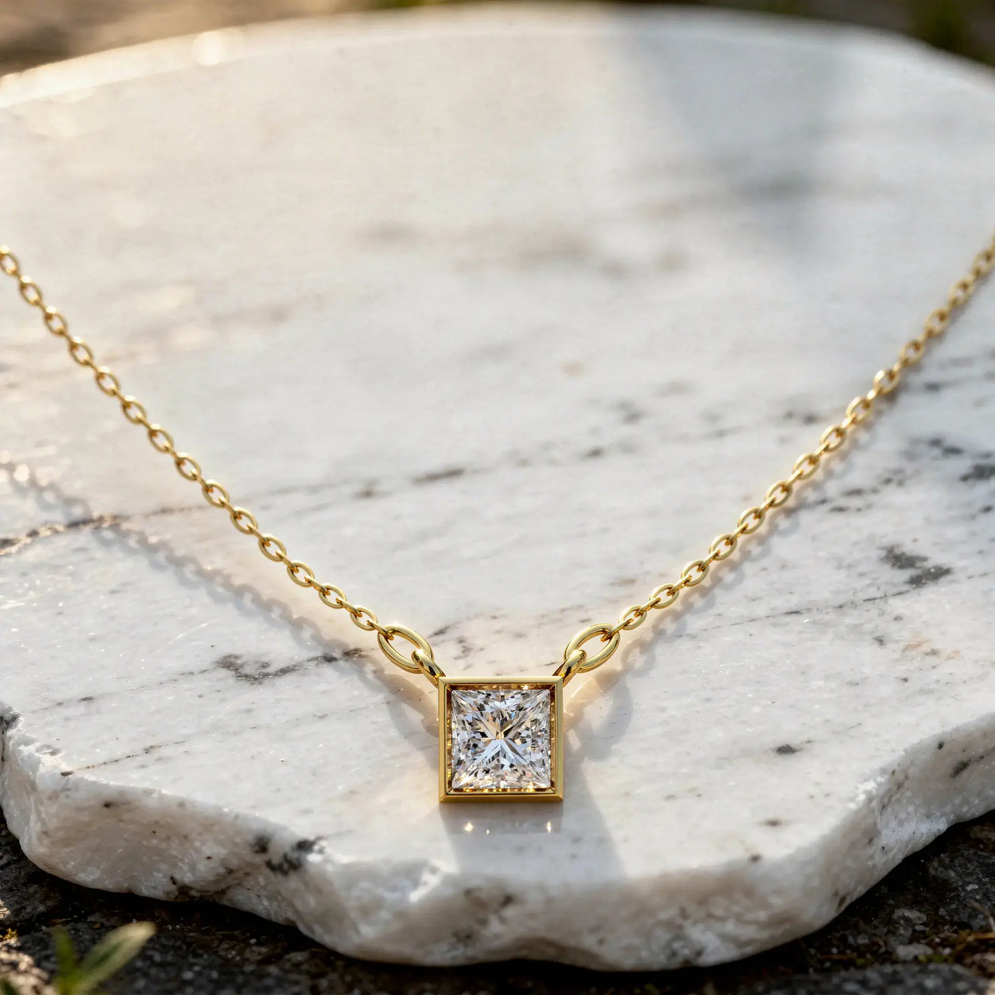 Front-view: Princess Diamond Necklace with Bezel Setting in 14k Yellow Gold - Lab Grown - Driona Jewels