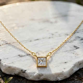 Front-view: Princess Diamond Necklace with Bezel Setting in 14k Yellow Gold - Lab Grown - Driona Jewels