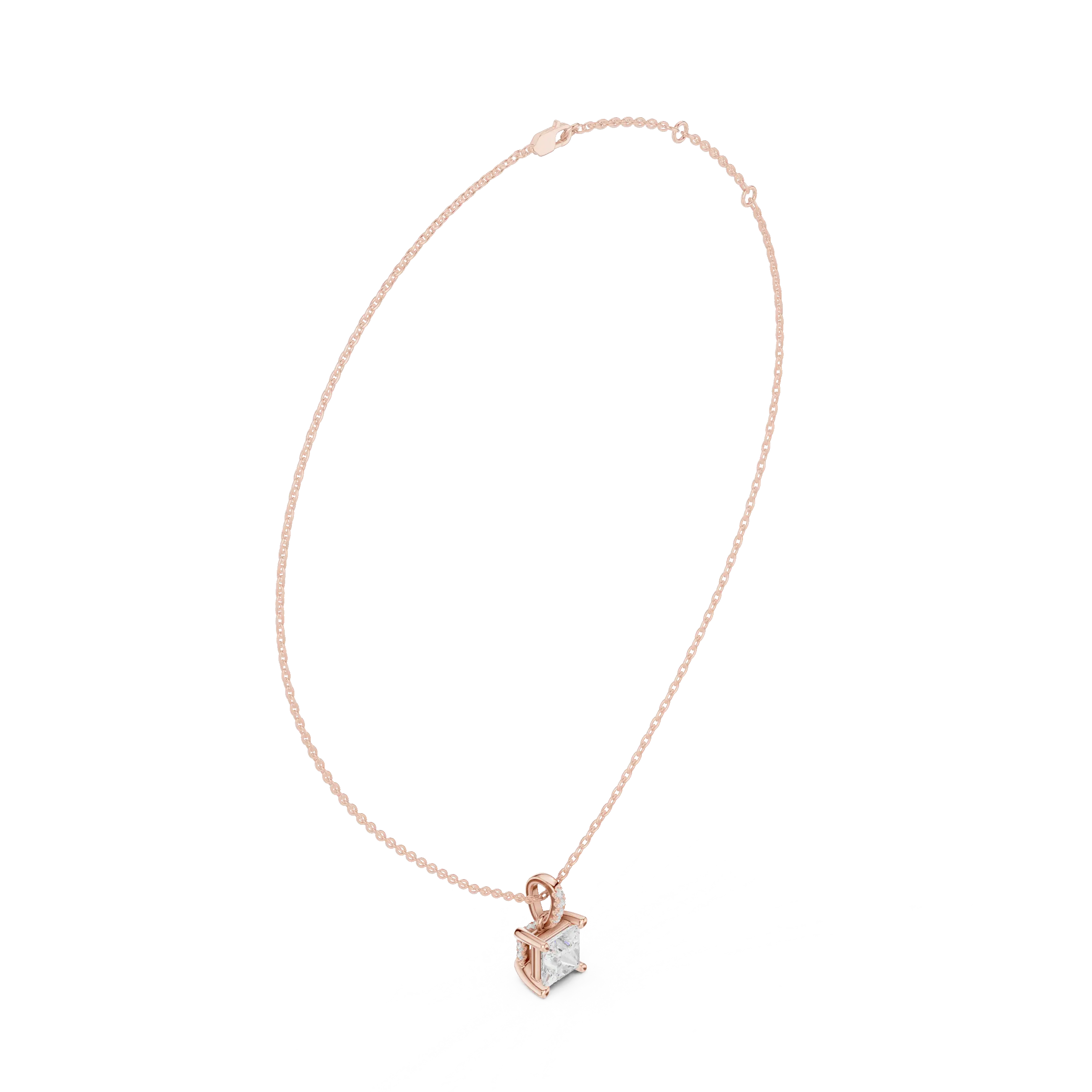 Front-view: Princess Cut Diamond Necklace with Prong Setting in 14k Rose Gold - Lab Grown - Driona Jewels