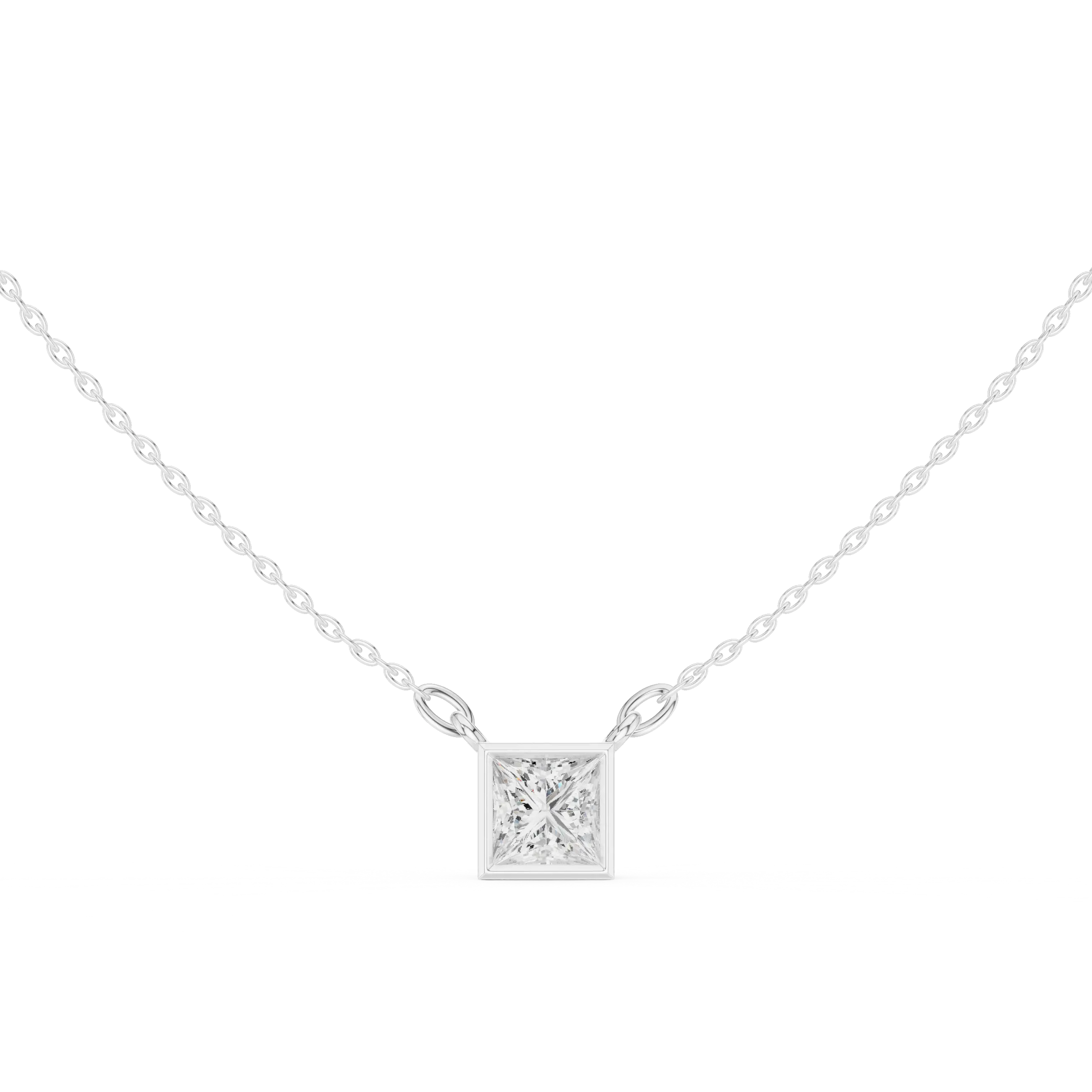 Front-view: Princess Diamond Necklace with Solitaire Setting in 14k White Gold - Lab Grown - Driona Jewels