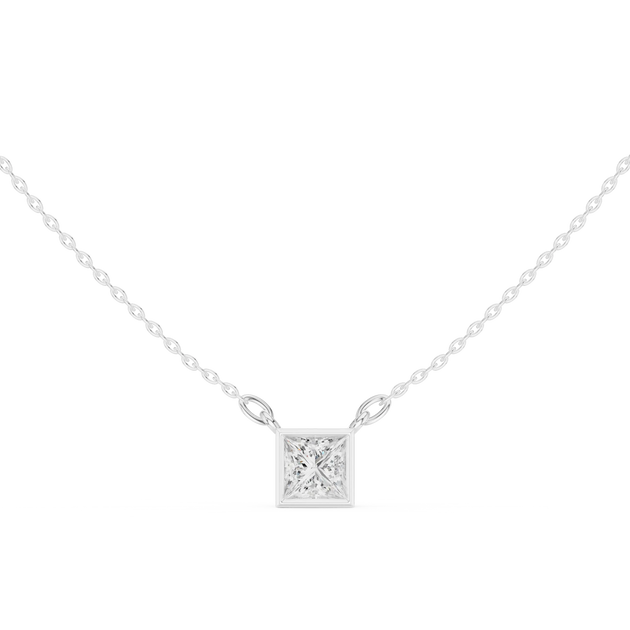 Front-view: Princess Diamond Necklace with Solitaire Setting in 14k White Gold - Lab Grown - Driona Jewels