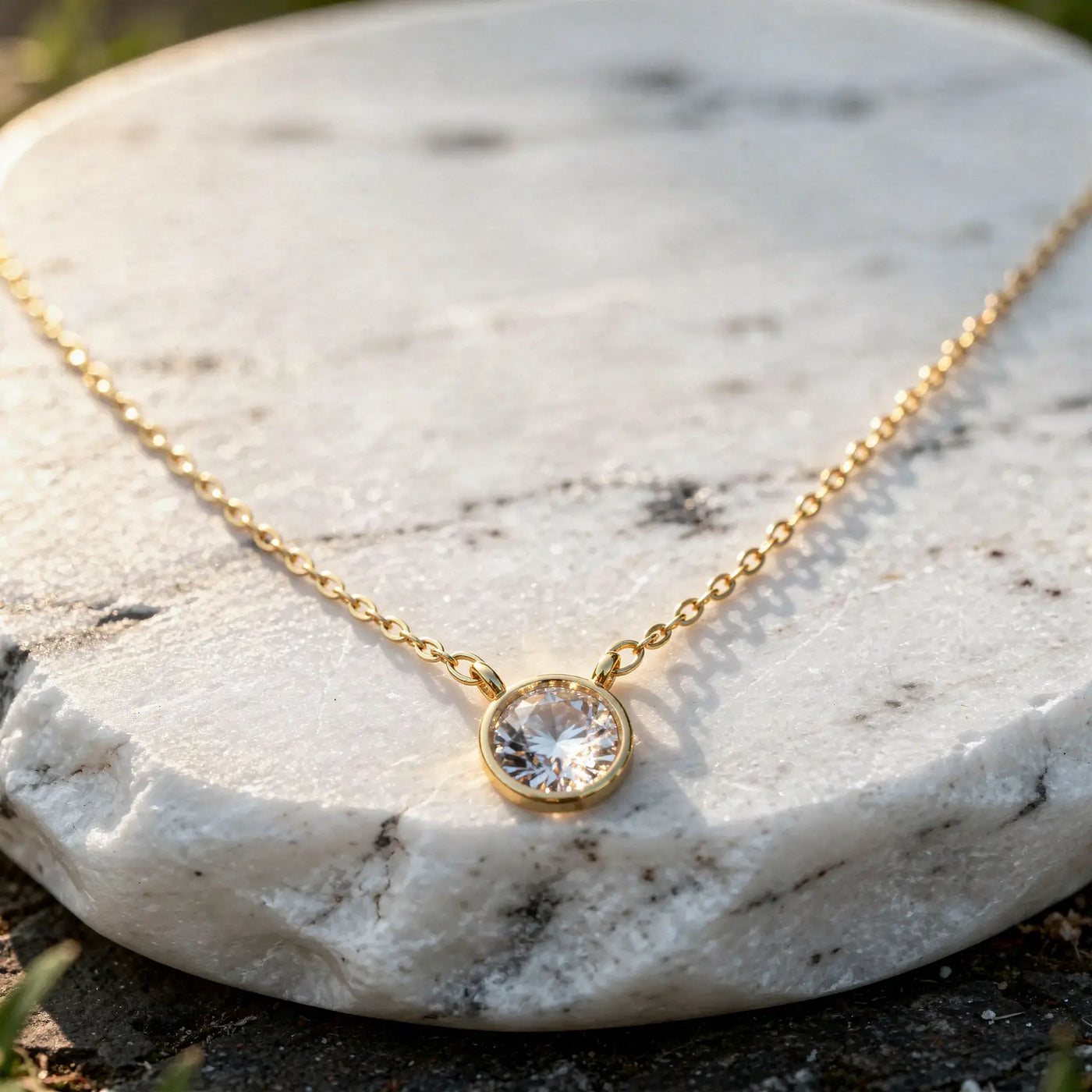 Close-up: Round Diamond Necklace with Bezel Setting in 14k Gold - Lab Grown - Driona Jewels