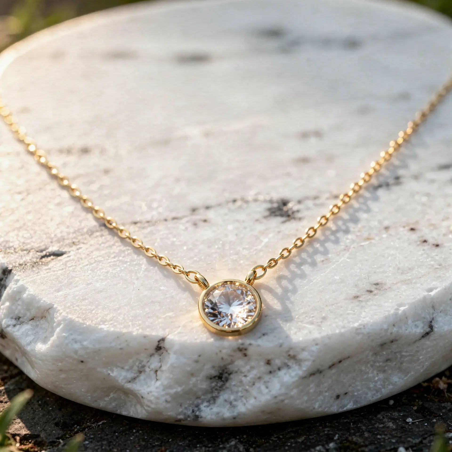 Close-up: Round Diamond Necklace with Bezel Setting in 14k Gold - Lab Grown - Driona Jewels