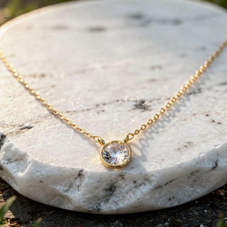 Close-up: Round Diamond Necklace with Bezel Setting in 14k Gold - Lab Grown - Driona Jewels