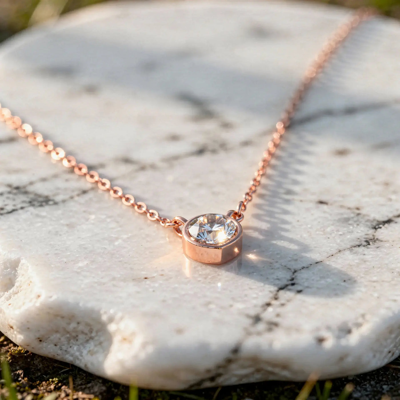 Close-up: Round Diamond Necklace with Bezel Setting in 14k Rose Gold - Lab Grown - Driona Jewels