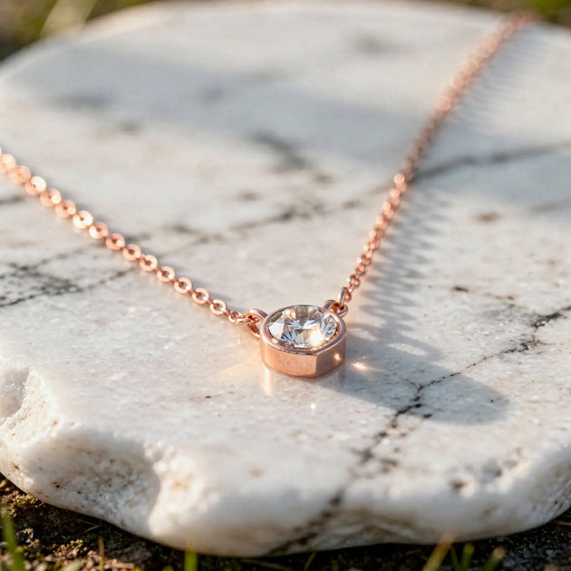 Close-up: Round Diamond Necklace with Bezel Setting in 14k Rose Gold - Lab Grown - Driona Jewels