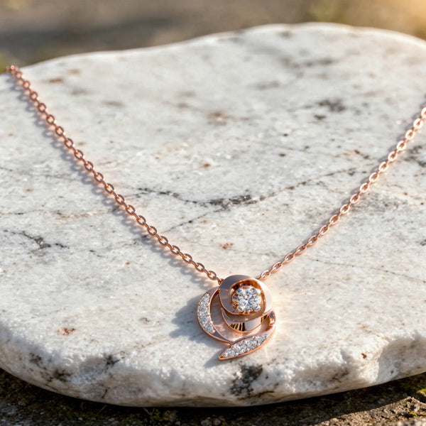 Flat Lay: Round Diamond Necklace with Bezel Setting in 14k Rose Gold - Lab Grown - Driona Jewels
