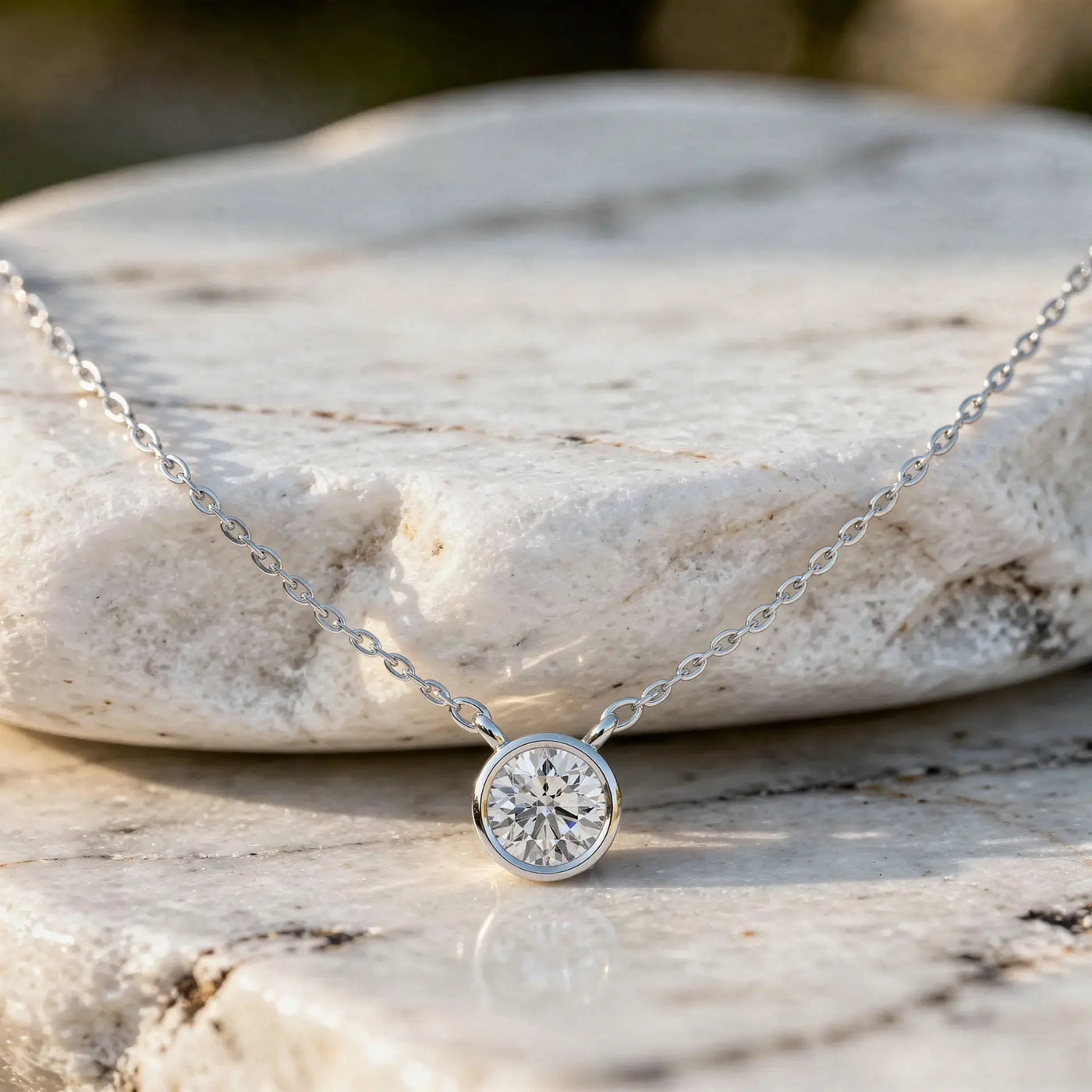 Front-view: Round Diamond Necklace with Bezel Setting in 14k White Gold - Lab Grown - Driona Jewels