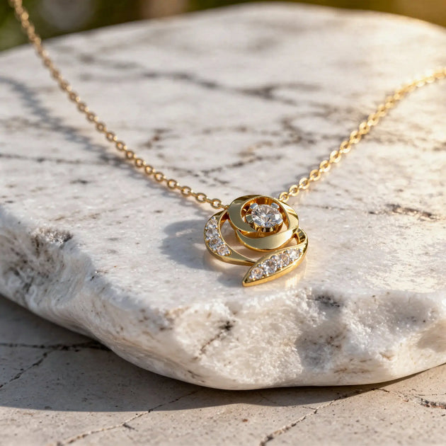 Flat Lay: Round Diamond Necklace with Bezel Setting in 14k Yellow Gold - Lab Grown - Driona Jewels
