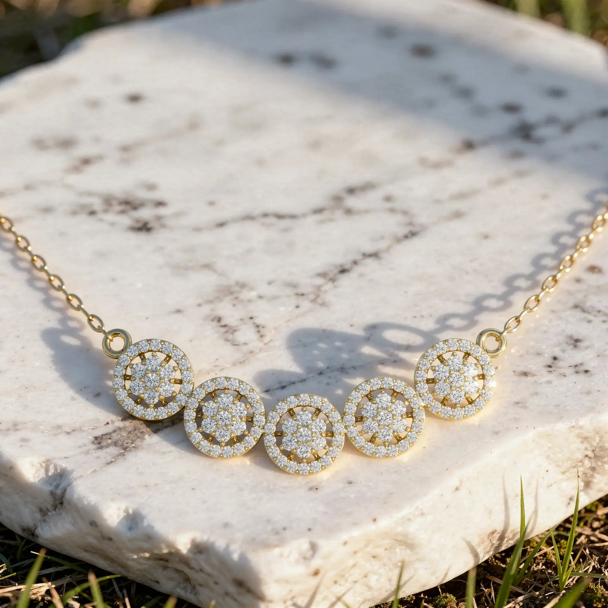 Flat Lay: Round Diamond Necklace with Bezel Setting in 14k Yellow Gold - Lab Grown - Driona Jewels