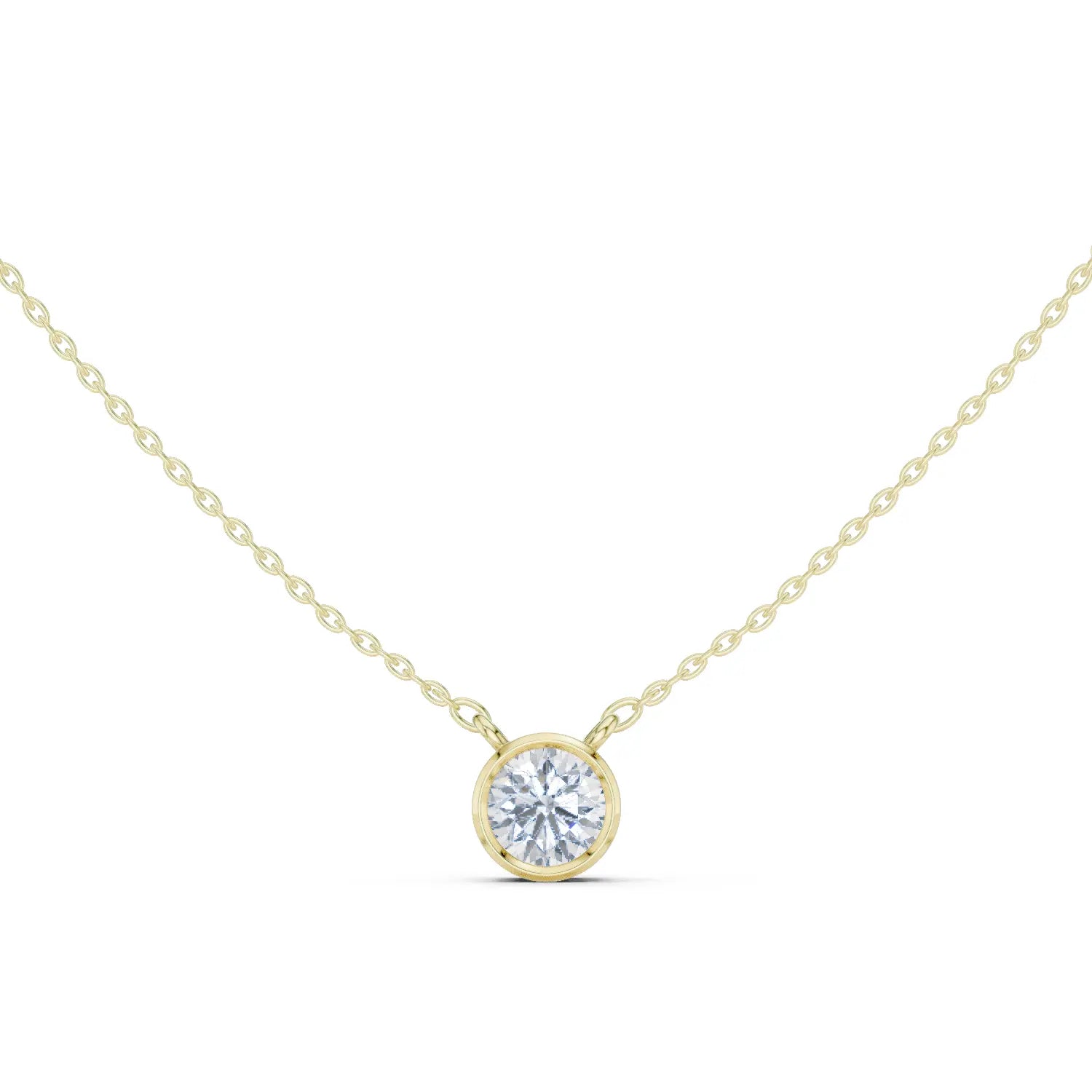 Front View: Round Diamond Necklace with Bezel Setting in 14k Yellow Gold - Lab Grown - Driona Jewels