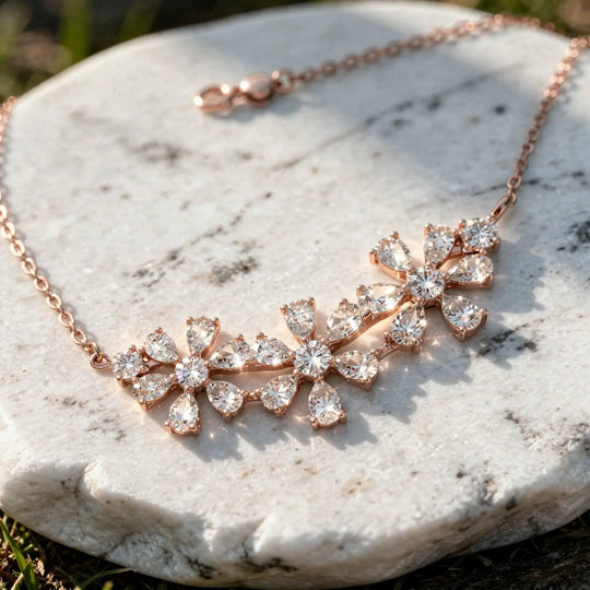 Flat Lay: Round Diamond Necklace with Floral Setting in 14k Rose Gold - Lab Grown - Driona Jewels