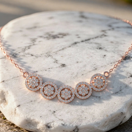 Flat Lay: Round Diamond Necklace with Halo Setting in 14k Rose Gold - Lab Grown - Driona Jewels