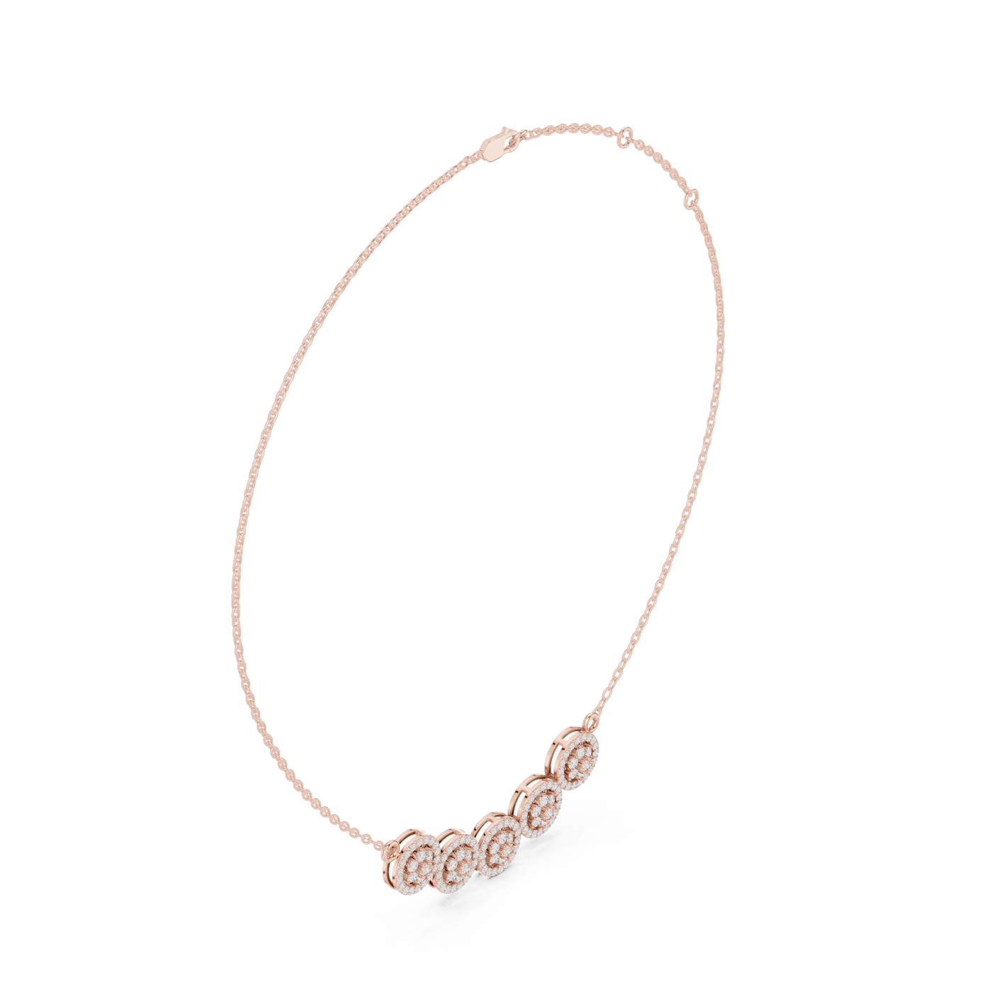 Front-View: Round Diamond Necklace with Halo Setting in 14k Rose Gold - Lab Grown - Driona Jewels