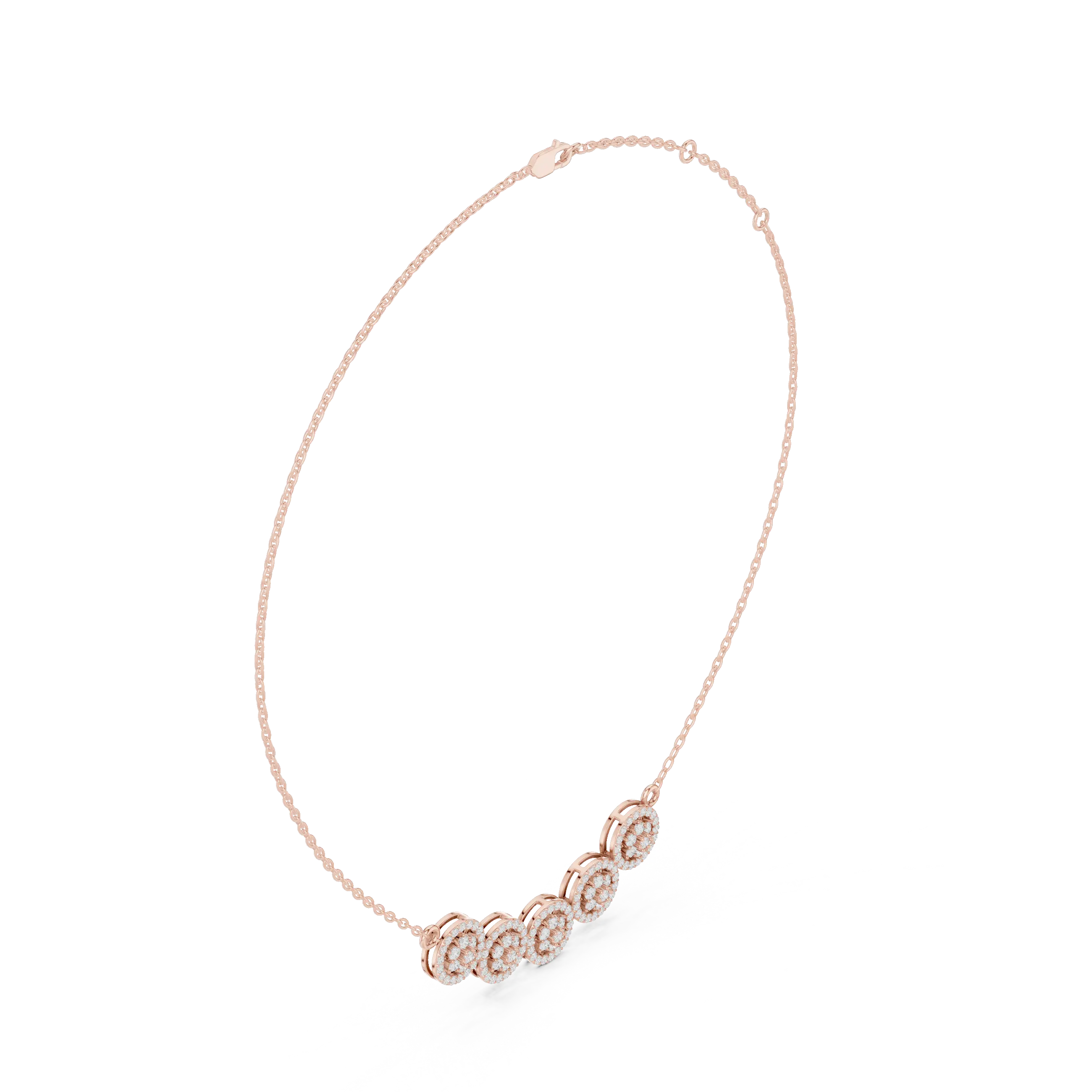 Front-View: Round Diamond Necklace with Halo Setting in 14k Rose Gold - Lab Grown - Driona Jewels