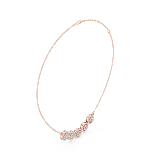 Front-View: Round Diamond Necklace with Halo Setting in 14k Rose Gold - Lab Grown - Driona Jewels