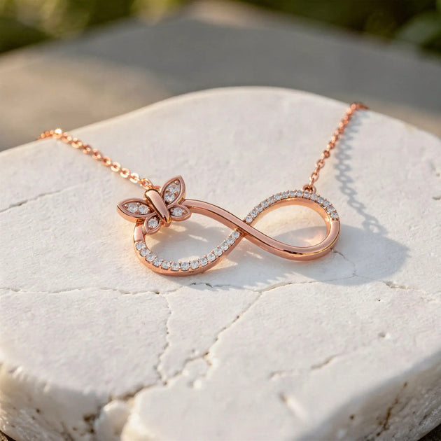 Flat Lay: Round Diamond Necklace with Pave Setting in 14k Rose Gold - Lab Grown - Driona Jewels