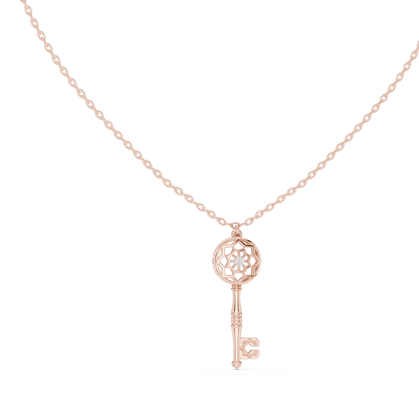 Front-View: Round Diamond Necklace with Pave Setting in 14k Rose Gold - Lab Grown - Driona Jewels