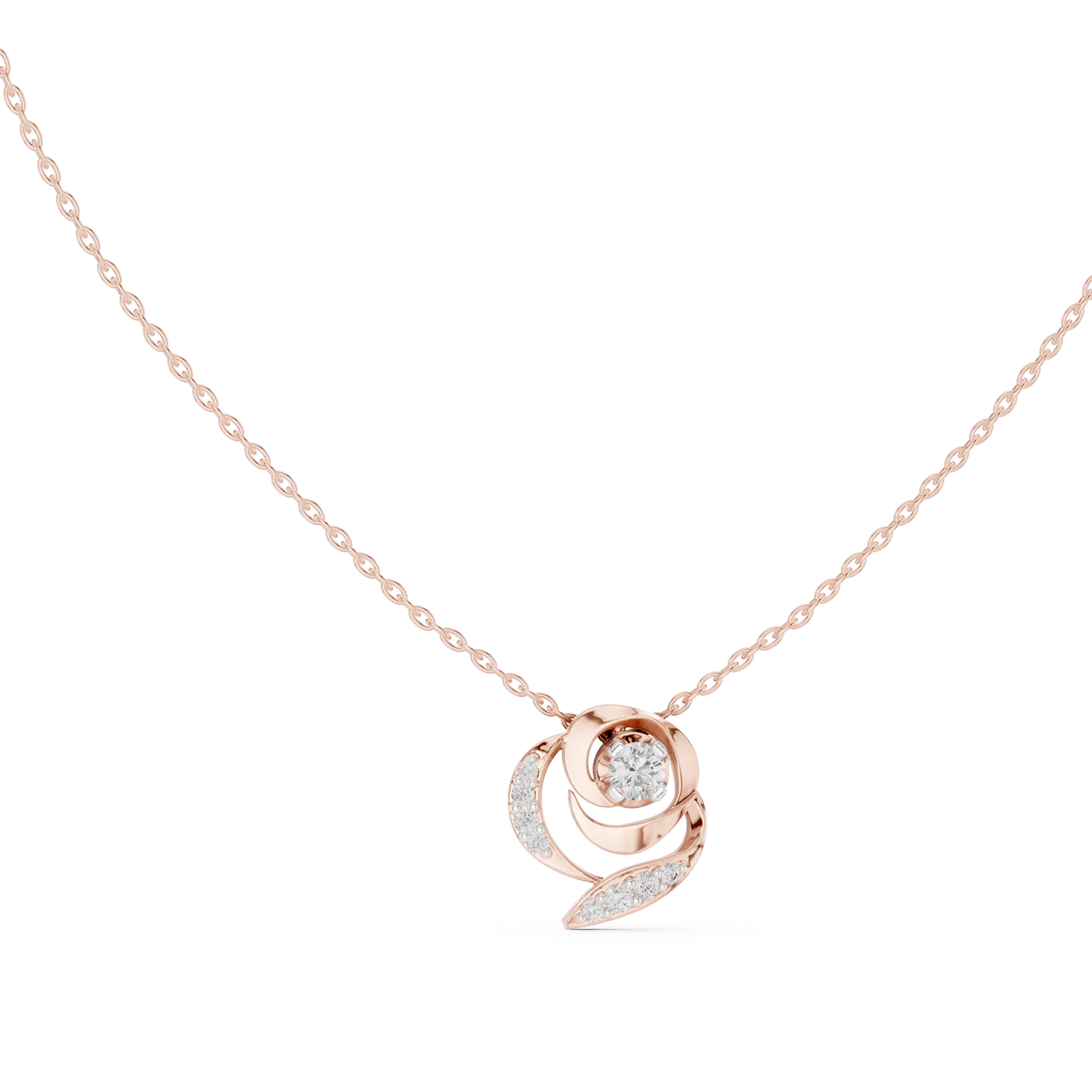 Front-View: Round Diamond Necklace with Pave Setting in 14k Rose Gold - Lab Grown - Driona Jewels