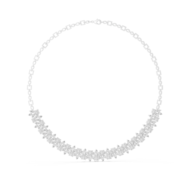 Front-view: Round Diamond Necklace with Pave Setting in 14k White Gold - Lab Grown - Driona Jewels