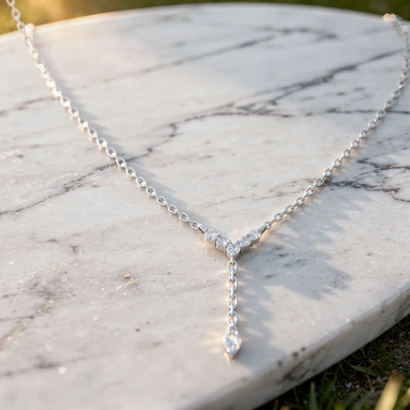 Close-up: Round Diamond Necklace with Pendant Setting in 14k White Gold - Lab Grown - Driona Jewels