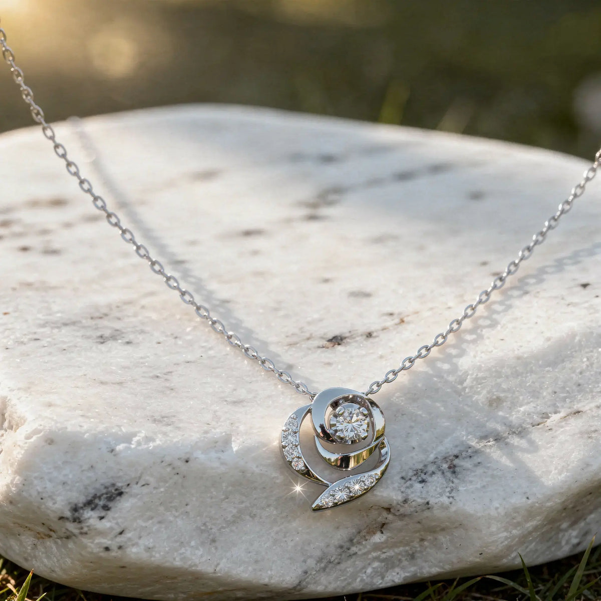 Front-view: Round Diamond Necklace with Pendant Setting in 14k White Gold - Lab Grown - Driona Jewels