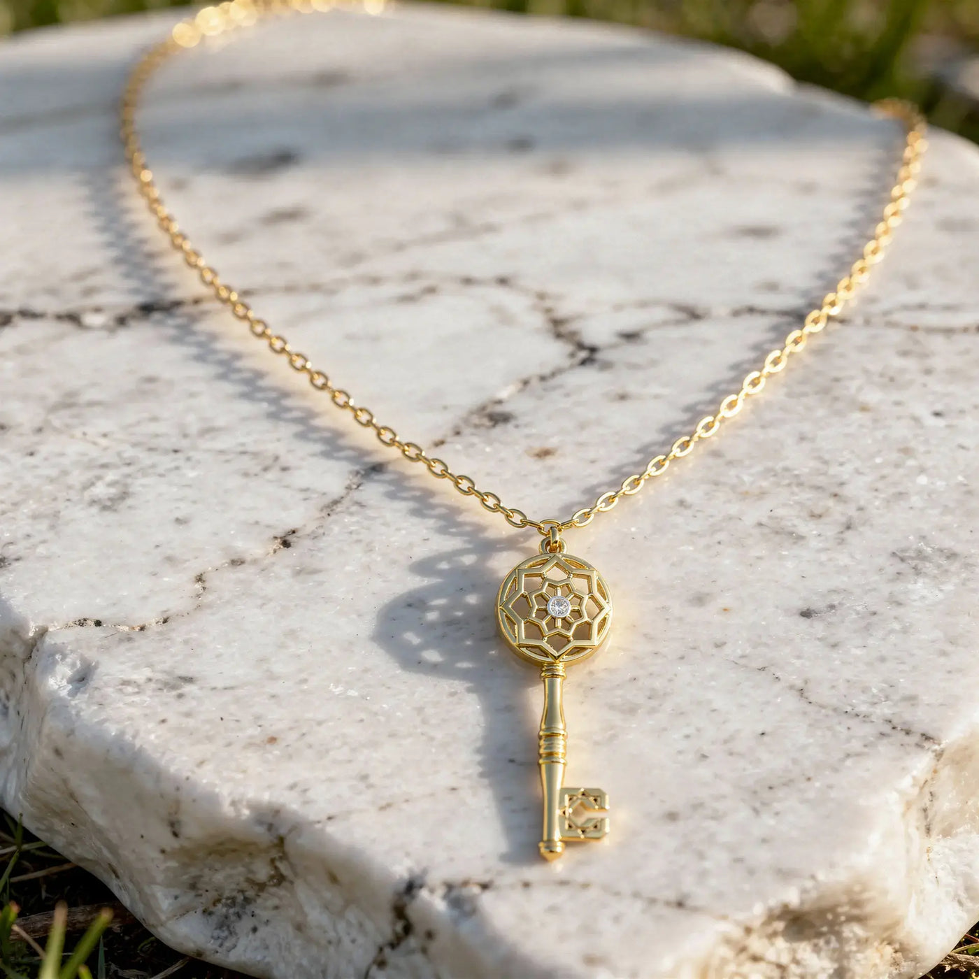 Flat Lay: Round Diamond Necklace with Prong Setting in 14k Gold - Lab Grown - Driona Jewels