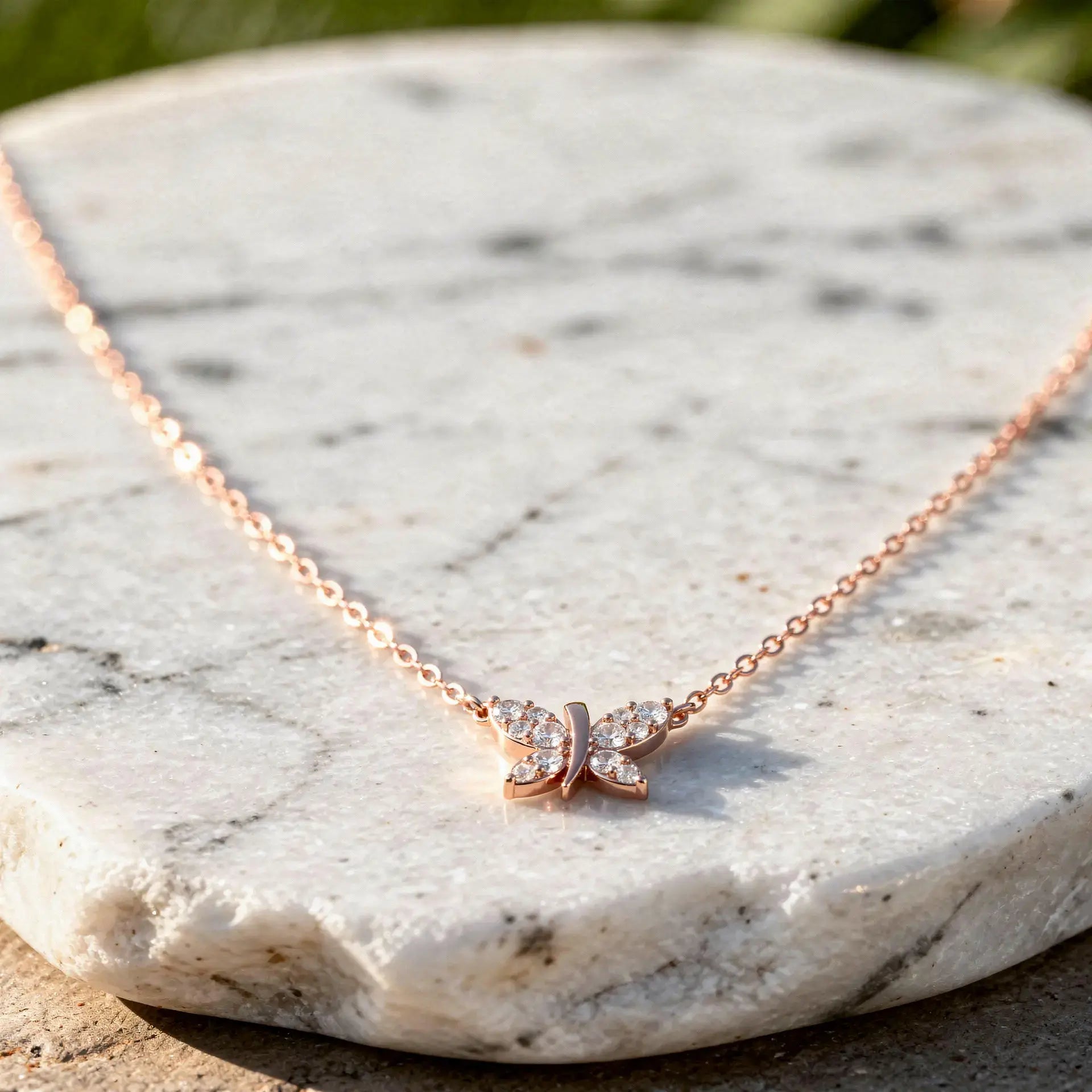 Flat Lay: Round Diamond Necklace with Prong Setting in 14k Rose Gold - Lab Grown - Driona Jewels