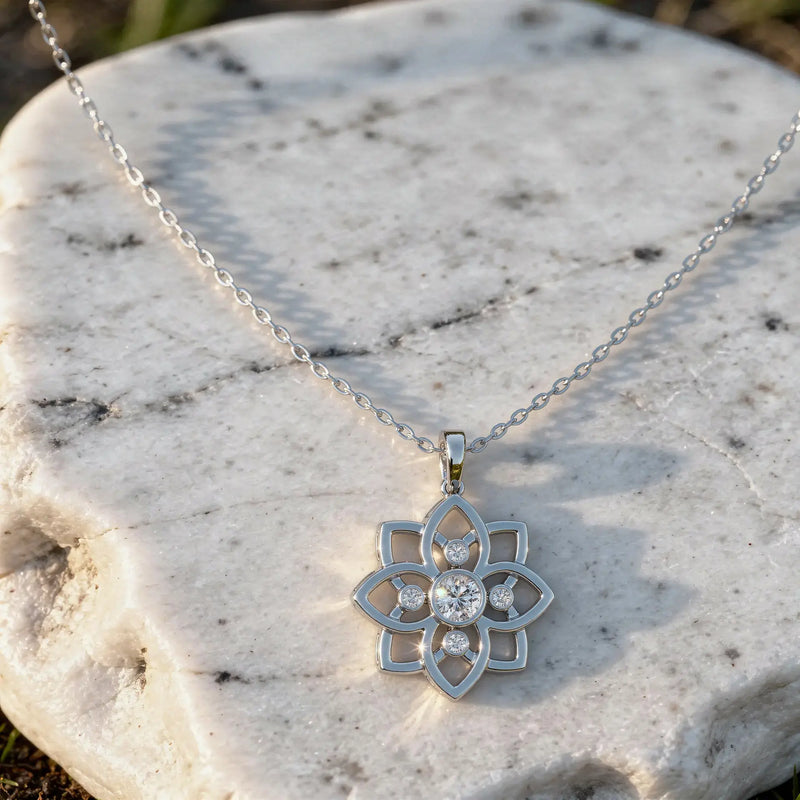 Front-View: Round Diamond Necklace with Prong Setting in 14k White Gold - Lab Grown - Driona Jewels