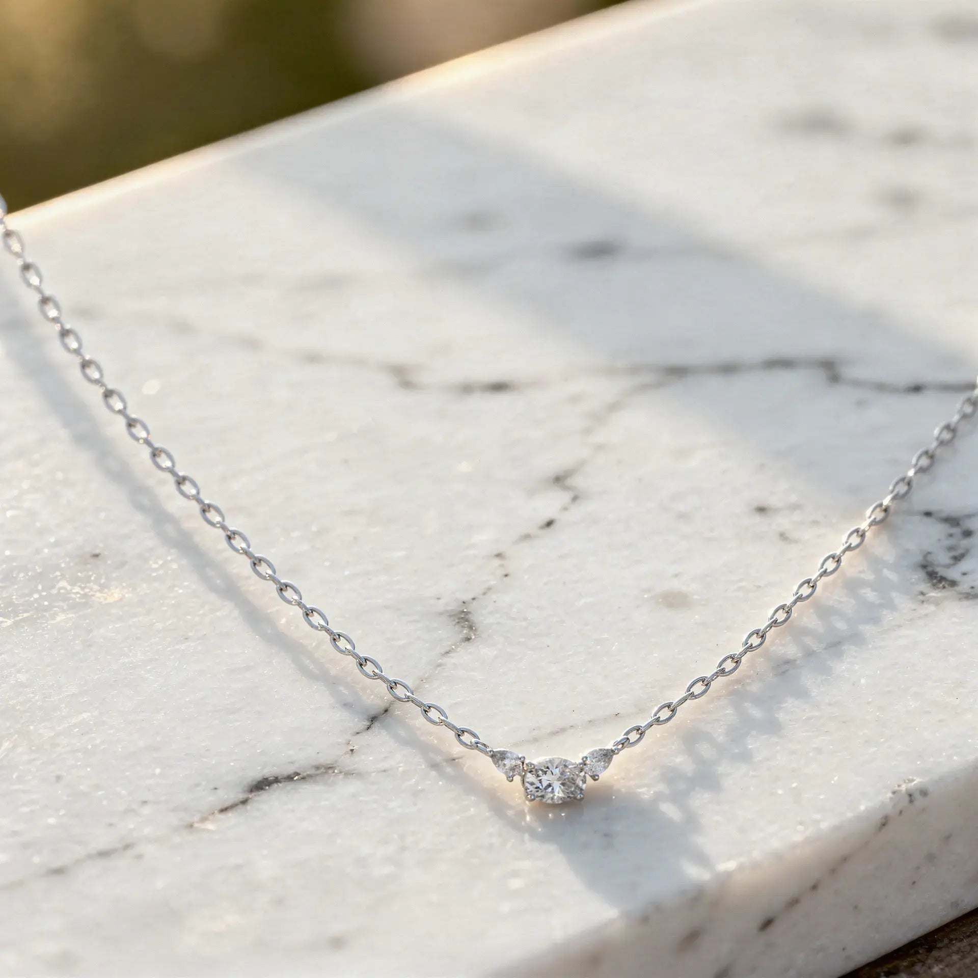 Close-up: Round Diamond Necklace with Solitaire Setting in 14k White Gold - Lab Grown - Driona Jewels