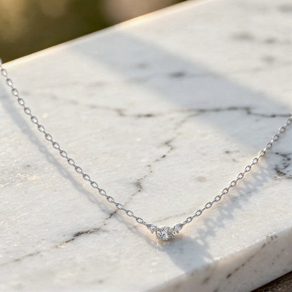 Close-up: Round Diamond Necklace with Solitaire Setting in 14k White Gold - Lab Grown - Driona Jewels