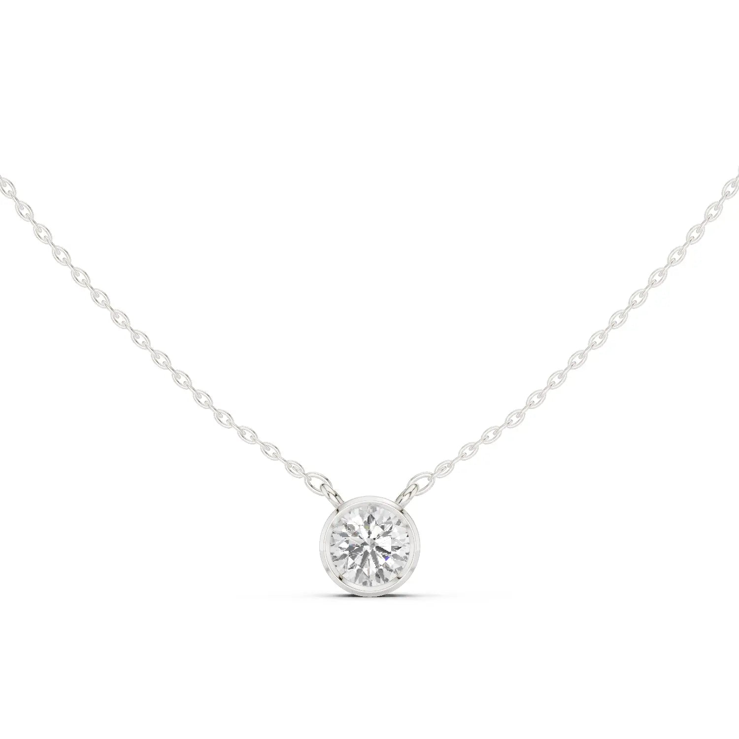 Front View: Round Diamond Necklace with Solitaire Setting in 14k White Gold - Lab Grown - Driona Jewels