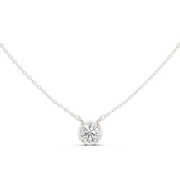 Front View: Round Diamond Necklace with Solitaire Setting in 14k White Gold - Lab Grown - Driona Jewels